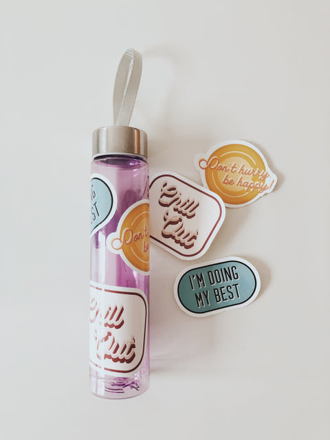 Sticker pack with 3 different stickers and water bottle with stickers