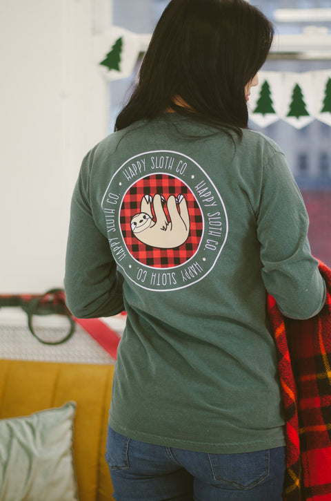 Happy Sloth Flannel Print Long Sleeve T-Shirt
